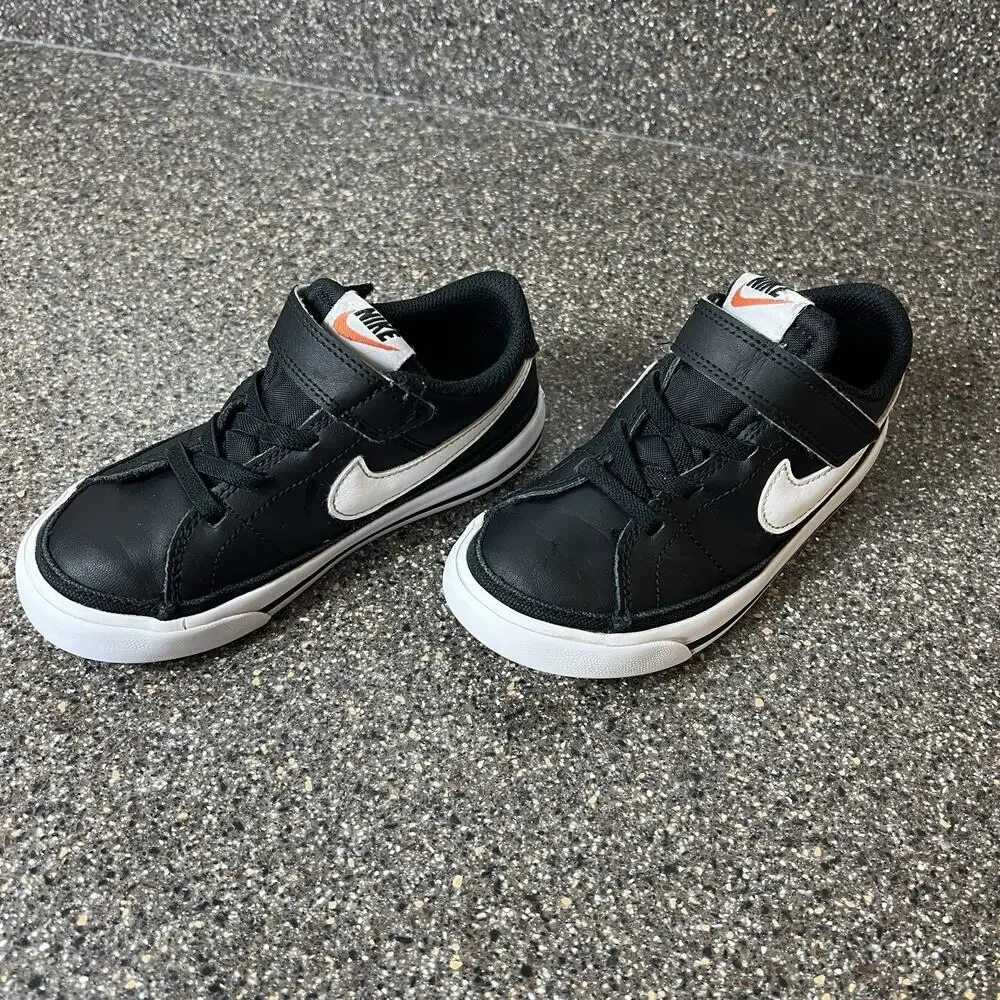 Nike Little Kids Toddler Size 10C Black/White Leather Sneakers Low Snap On Shoes